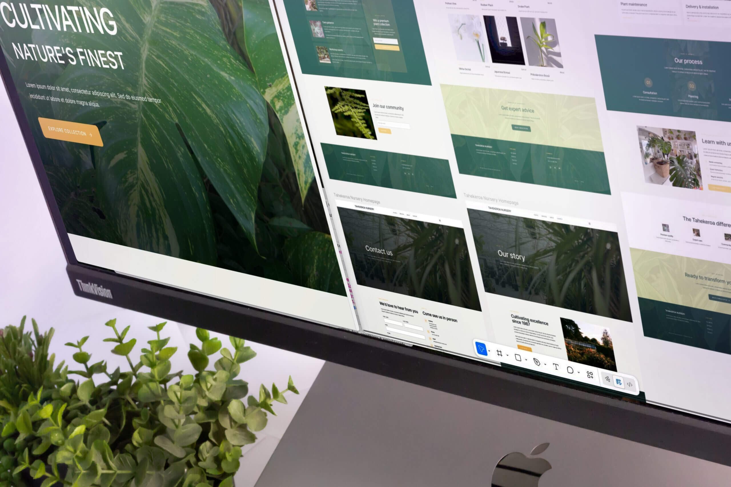 Desktop screen with a design of a floral-themed nursery website in progress. Laptop under the screen
