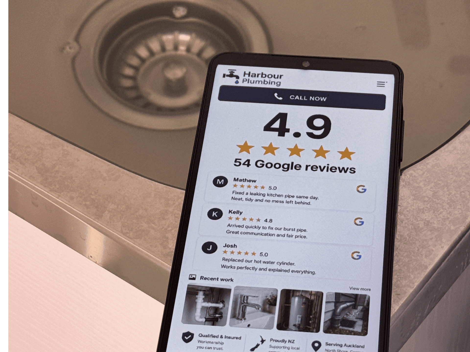 Plumber's mobile website showing a 4.9 star rating, 54 Google reviews and recent job photos
