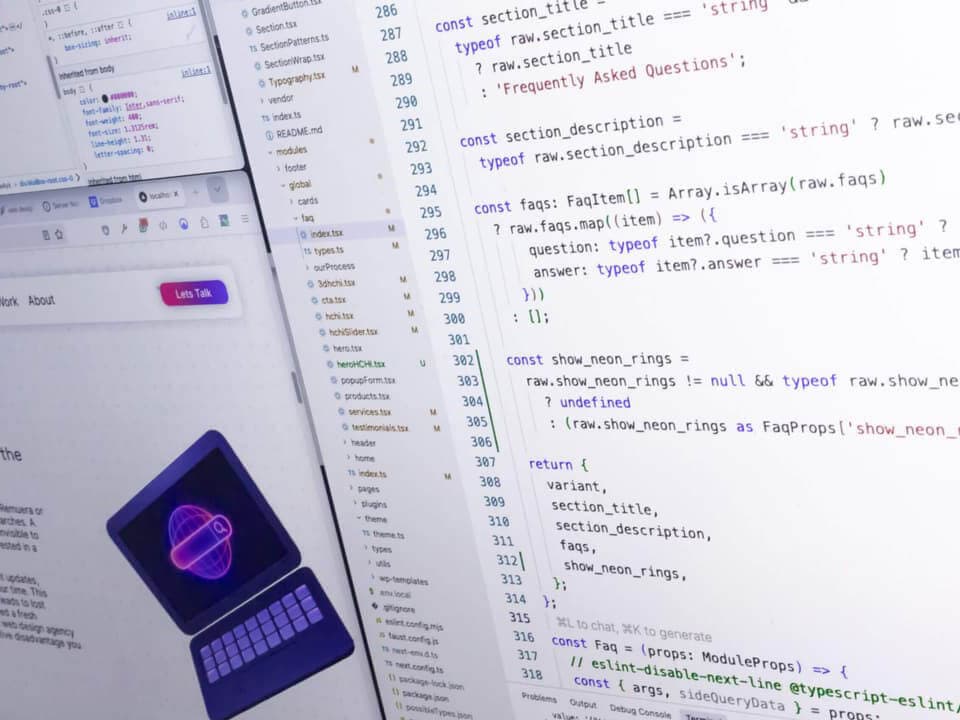 Photo of a screen with three windows tiled. One with the code, another one with a browser developer tools and the last one with a website opened