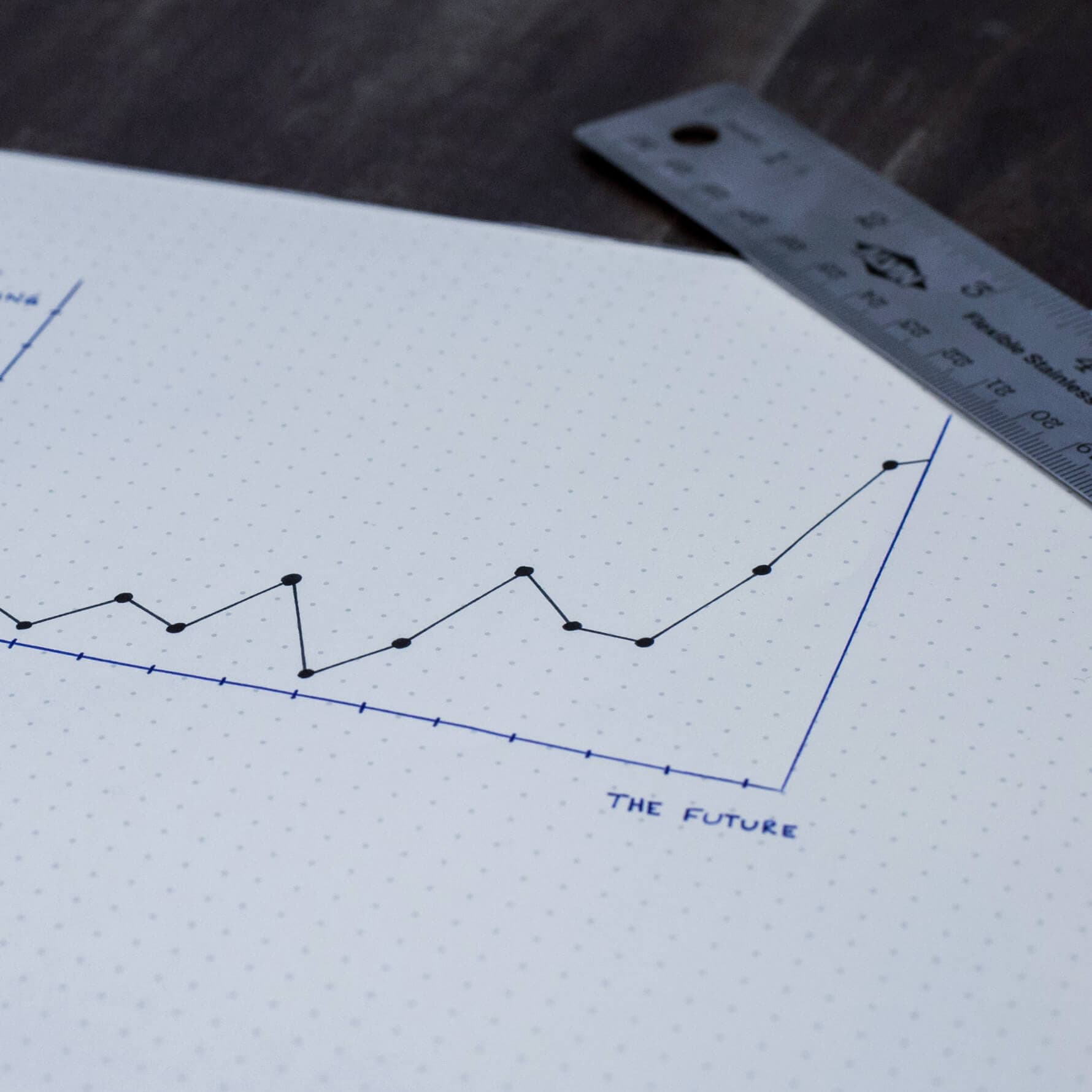 A hand-drawn line graph on dotted paper, trending upward, with THE FUTURE written on the axis