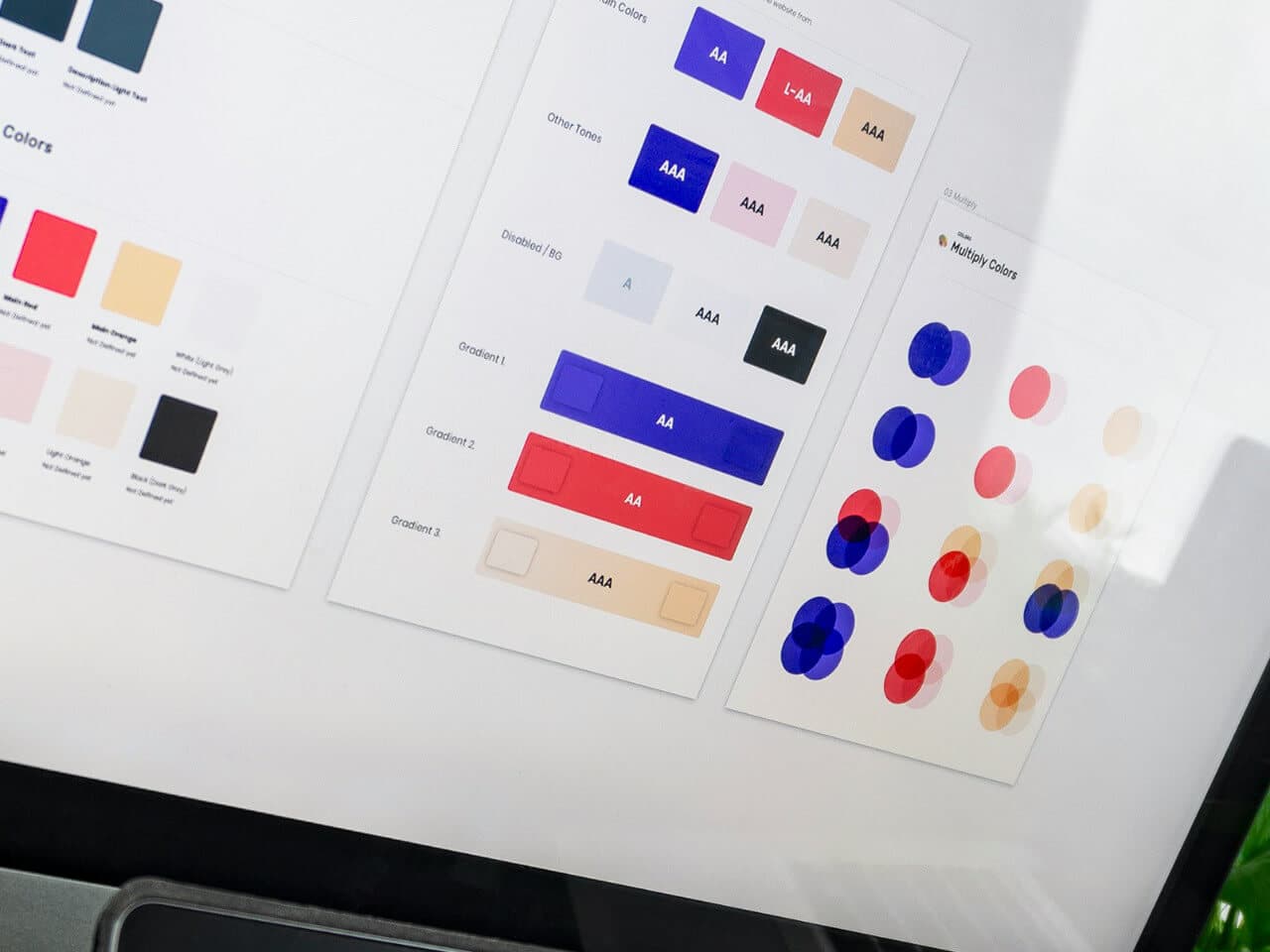 A website style guide on screen, showing colour swatches, gradient bars and overlapping colour circles