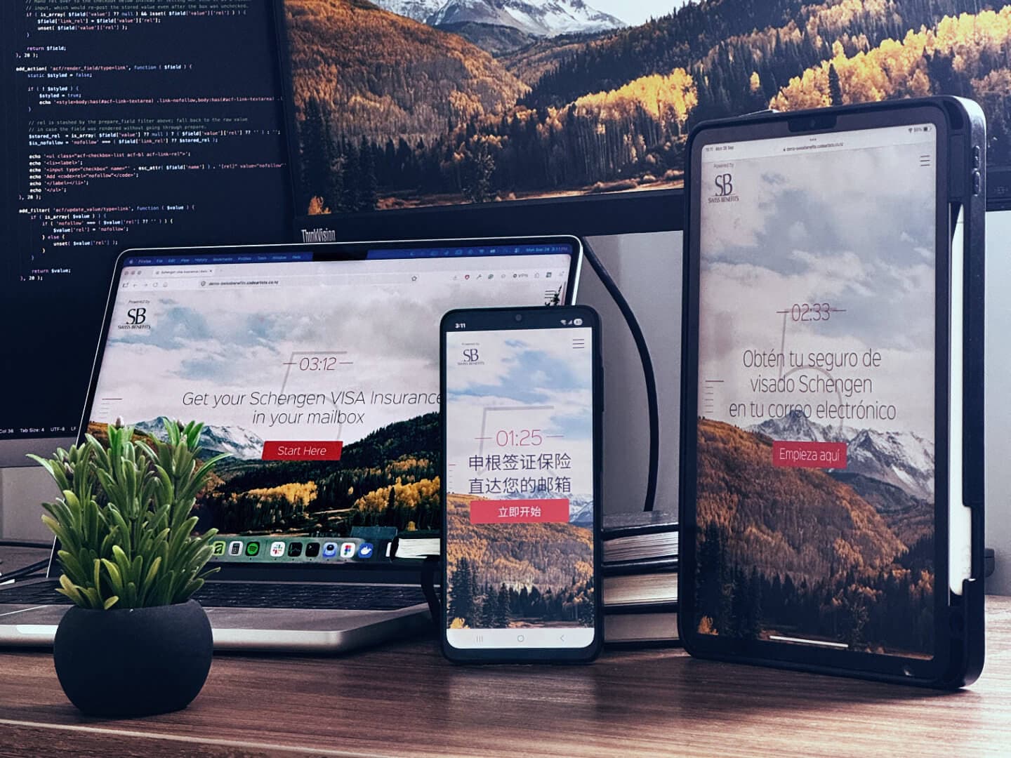 The travel insurance home page in English on a laptop, Chinese on a phone and Spanish on a tablet