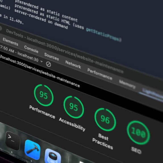Lighthouse report in Chrome DevTools for a Code Artists page, scoring 95 for performance, 95 for accessibility, 96 for best practices and 100 for SEO